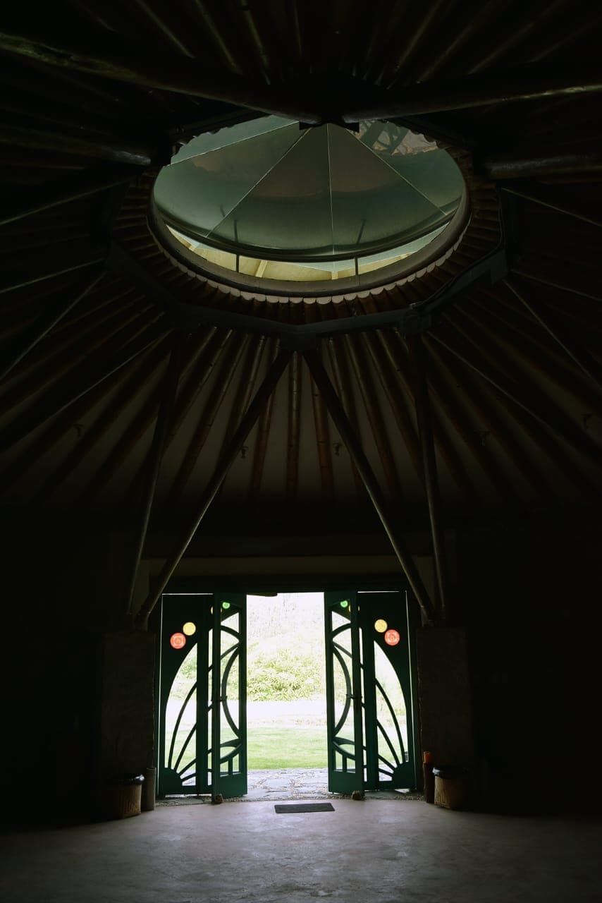 Inside the maloka, bamboo dome ceiling and ceremonial doors
